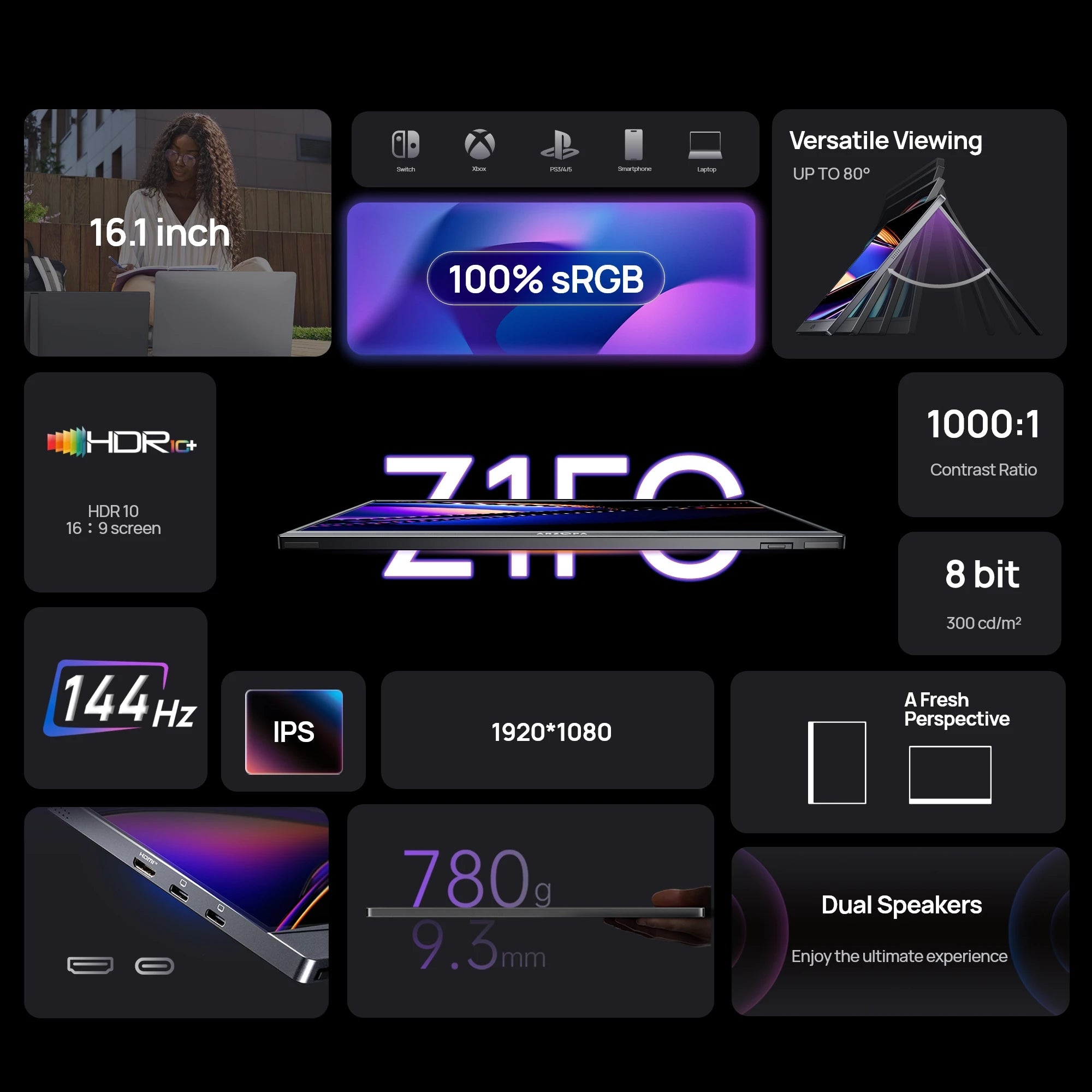 ARZOPA 16.1 inch 100% sRGB 144Hz Portable Monitor Gaming  Laptop Display with Type C Mini HDMI For PS/Steam/Deck/Switch/PC/Mac