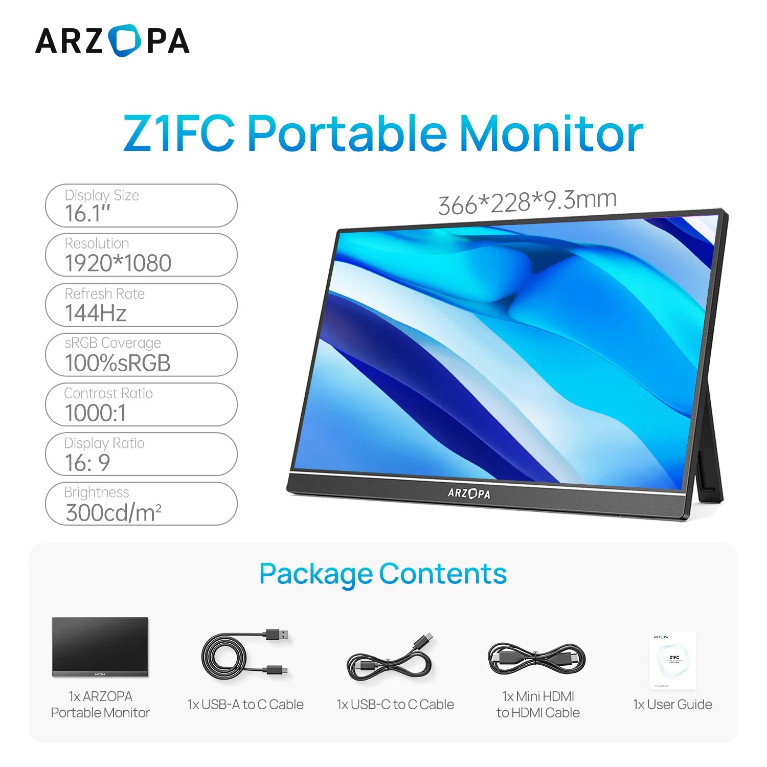 ARZOPA 16.1 inch 100% sRGB 144Hz Portable Monitor Gaming  Laptop Display with Type C Mini HDMI For PS/Steam/Deck/Switch/PC/Mac